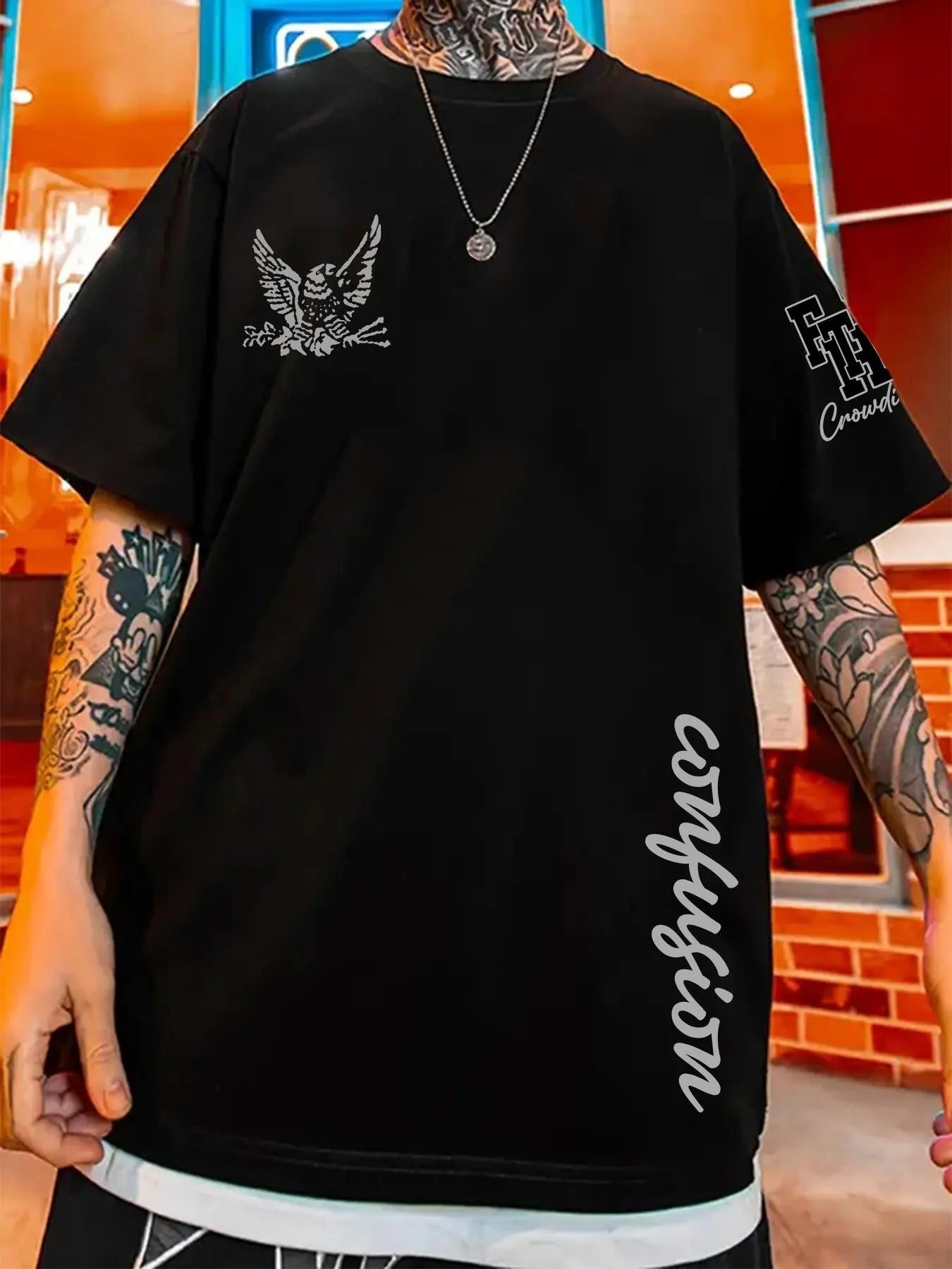 Unisex Hand Drawn Eagle & Letter Print Drop Shoulder Tee, Regular Fit Casual Short Sleeve Round Neck T-shirt for Summer,...