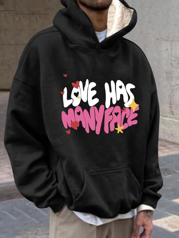 Unisex Heart & Letter Print Thermal Lined Hoodie, Regular Fit Casual Long Sleeve Hooded Sweatshirt for Daily Holiday...