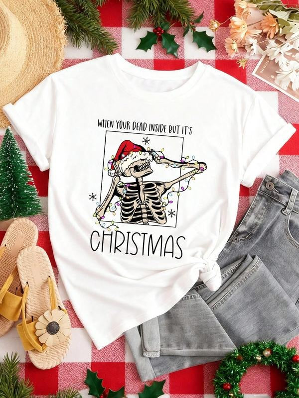 Unisex Humor Christmas T-Shirt, Skeletal Santa in Lights Graphic Top for Chirstmas Party and Casual Holiday Wear Hoodie,...
