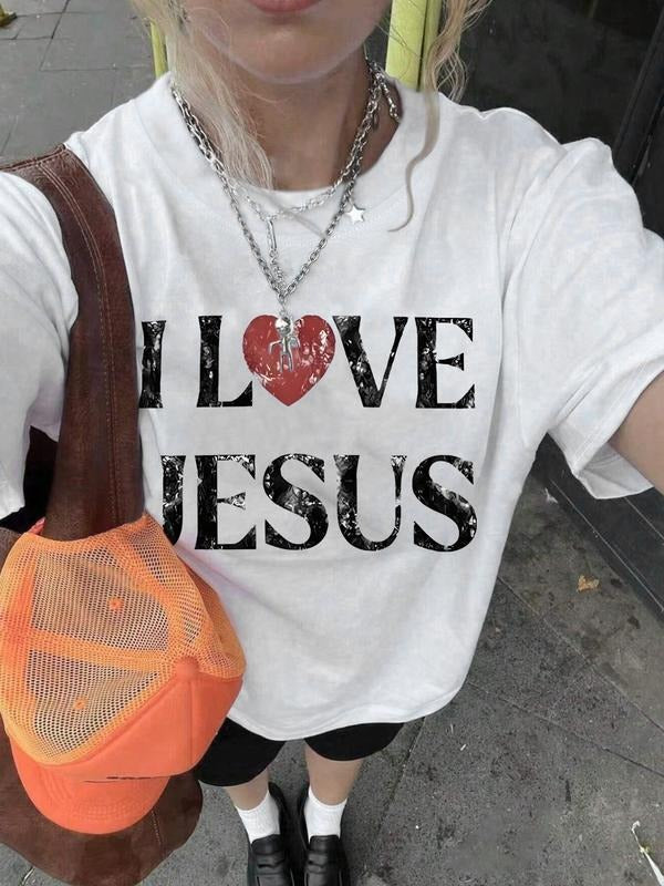 Unisex I Love Jesus Graphic T-Shirt, Christian Faith Theme Essential Top, Casual Streetwear for All Seasons, Loose Fit...