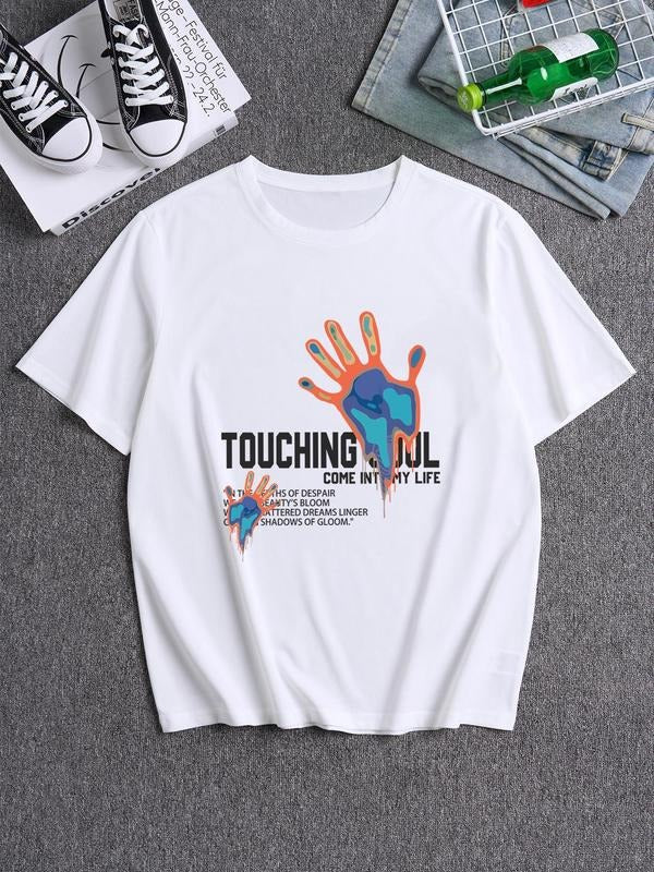 Unisex Letter & Hand Print Round Neck Tee, Regular Fit Casual Short Sleeve Crew Neck T-shirt for Summer, Fashion Unisex's...