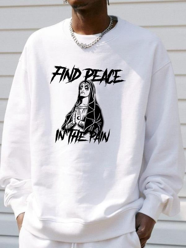 Unisex Letter & Virgin Mary Print Drop Shoulder Sweatshirt, Casual Regular Fit Long Sleeve Round Neck Pullover for Fall &...