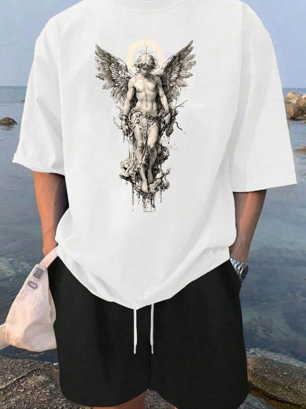 Unisex Men's Angel Graphic Print Round Neck Tee, Loose Street Fashion Casual Short Sleeve T-shirt for Daily Wear, Men's...