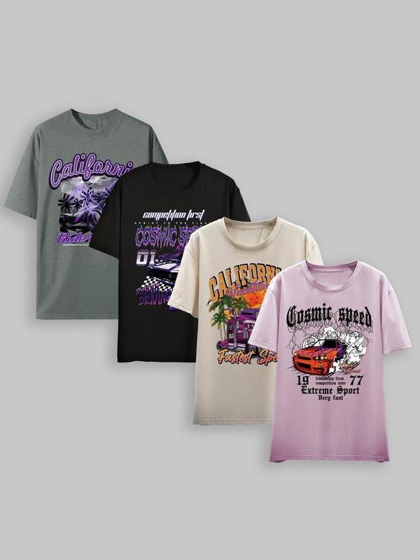 Unisex Men's Car & Letter Print Drop Shoulder Tee, Regular Fit Casual Street Short Sleeve Round Neck T-Shirt for Summer,...