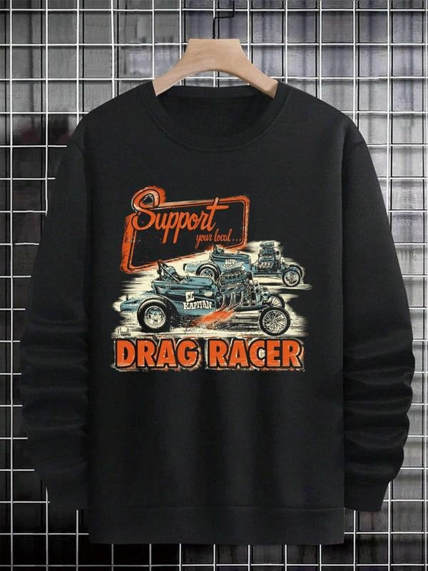 Unisex Men's Car & Letter Print Round Neck Essentials Sweatshirt, Regular Fit Street Fashion Soft Comfy Long Sleeve Crew...