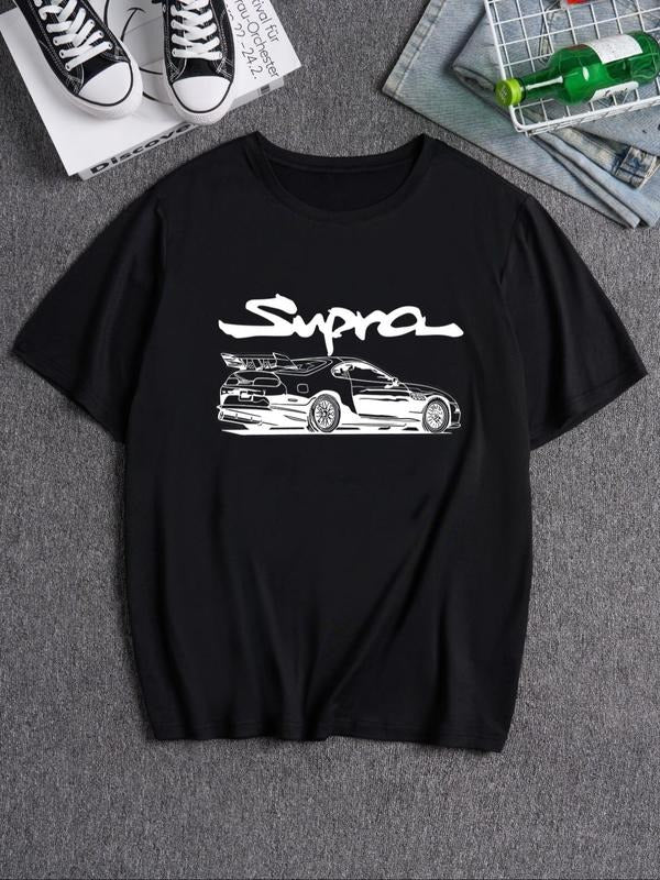 Unisex Men's Car & Letter Print Round Neck Tee, Loose Street Fashion Casual Short Sleeve T-shirt for Daily Wear, Men's...
