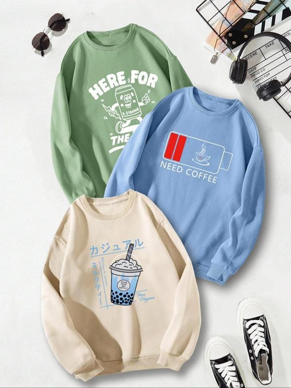 Unisex Men's Cartoon & Letter Print Drop Shoulder Sweatshirt, Regular Fit Casual Soft Comfy Long Sleeve Round Neck...
