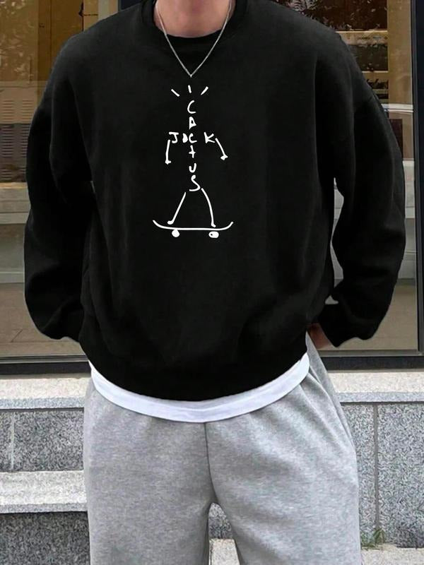 Unisex Men's Cartoon & Letter Print Drop Shoulder Thermal Lined Sweatshirt, Regular Fit Casual Soft Comfy Long Sleeve...