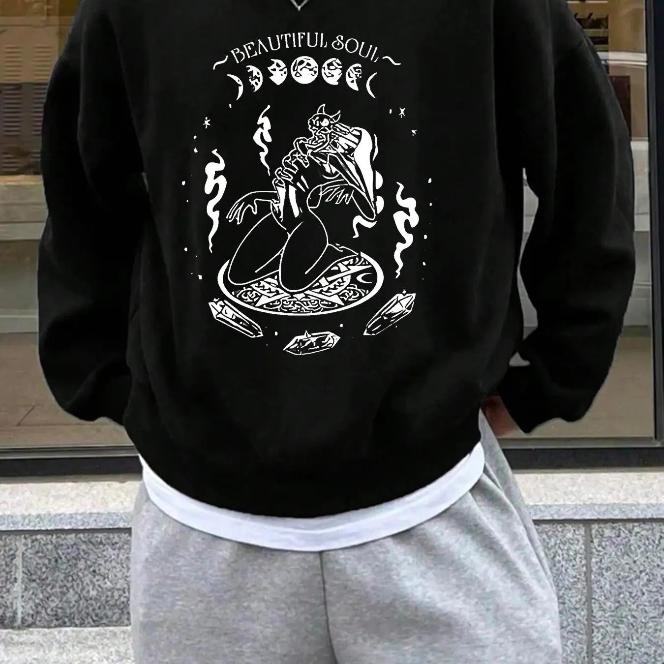 Unisex Men's Cartoon & Letter Print Drop Shoulder Thermal Lined Sweatshirt, Regular Fit Casual Soft Comfy Long Sleeve...