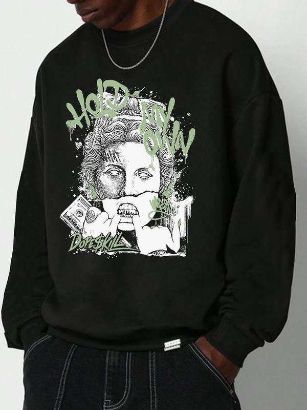 Unisex Men's Cartoon & Letter Print Drop Shoulder Thermal Lined Sweatshirt, Regular Fit Casual Soft Comfy Long Sleeve...