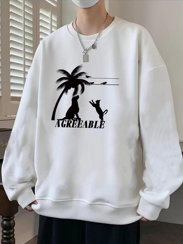 Unisex Men's Cartoon Animal & Palm Tree Print Drop Shoulder Sweatshirt, Regular Fit Casual Graphic Long Sleeve Round Neck...