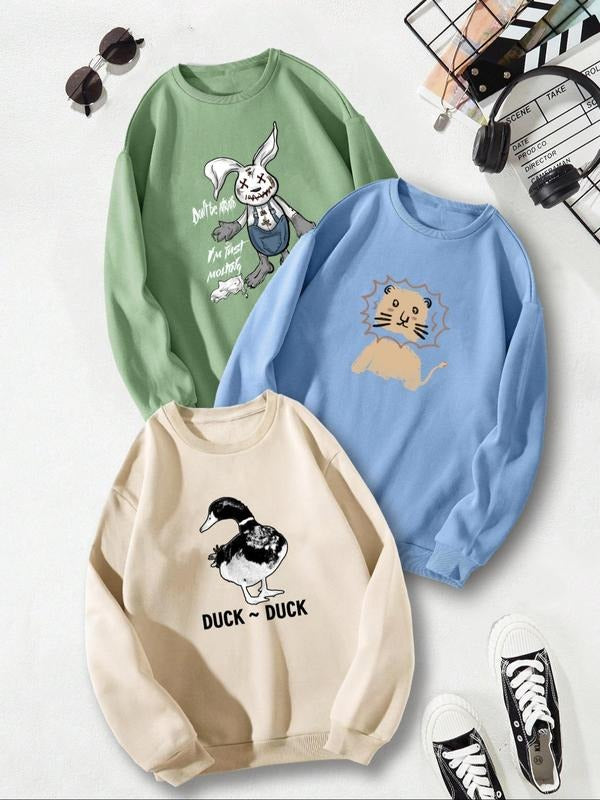 Unisex Men's Cartoon Animals & Letter Print Round Neck Sweatshirt, Regular Fit Casual Long Sleeve Pullover for Fall &...