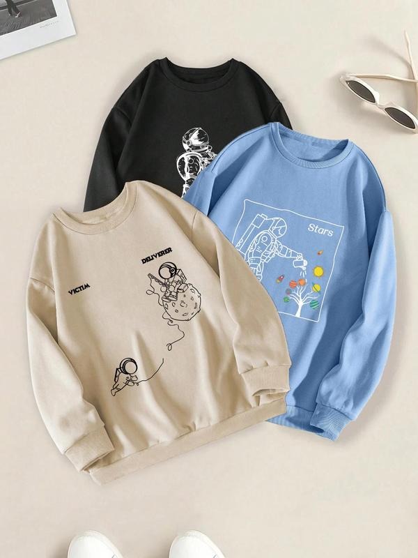Unisex Men's Cartoon Astronaut & Letter Print Round Neck Sweatshirt, Regular Fit Casual Long Sleeve Crew Neck Pullover...