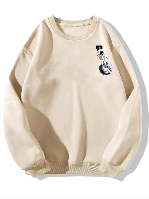 Unisex Men's Cartoon Astronaut Print Drop Shoulder Sweatshirt, Loose Casual Soft Comfy Long Sleeve Round Neck Pullover...
