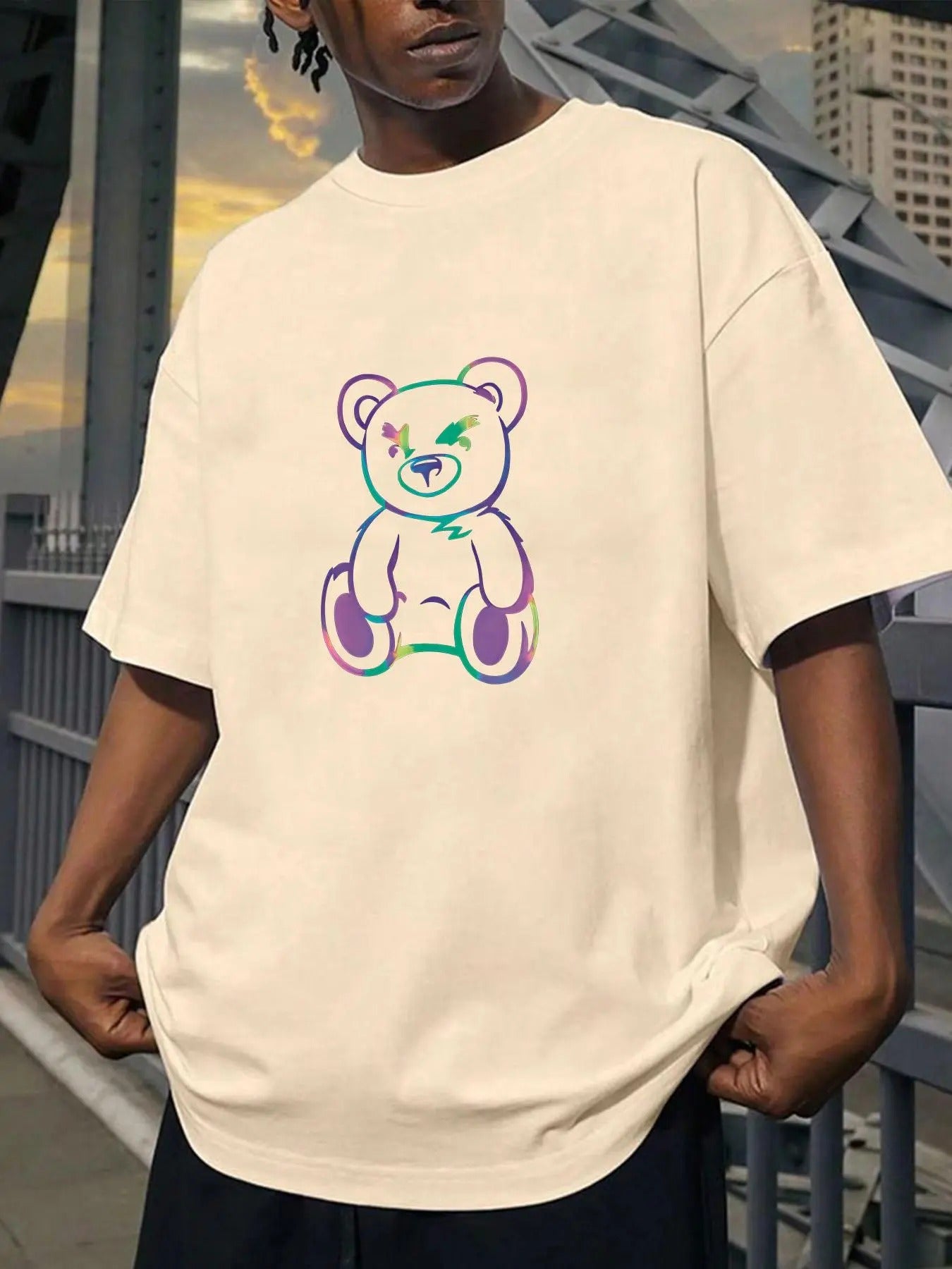 Unisex Men's Cartoon Bear Print Round Neck Tee, Loose Casual Short Sleeve T-shirt for Daily Wear, Men's Top for All...