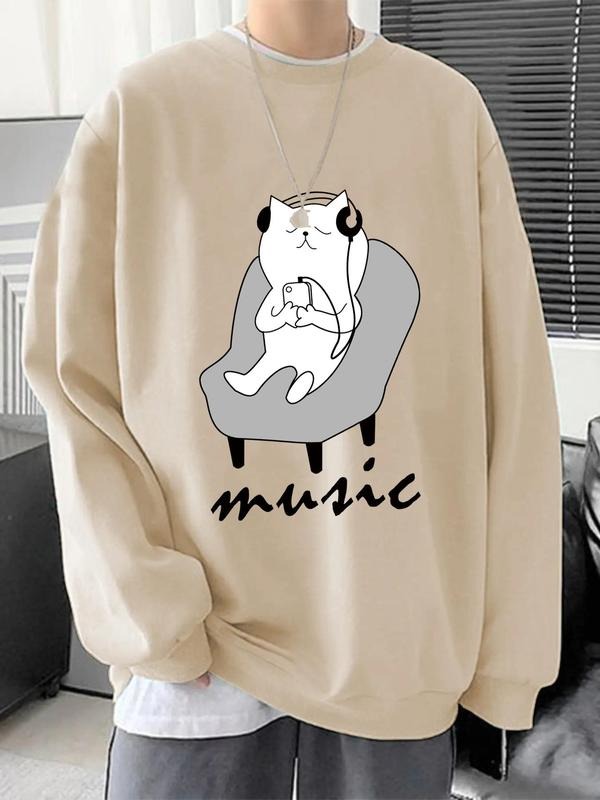 Unisex Men's Cartoon Cat & Letter Print Drop Shoulder Sweatshirt, Cute Soft Comfy Long Sleeve Round Neck Pullover for...