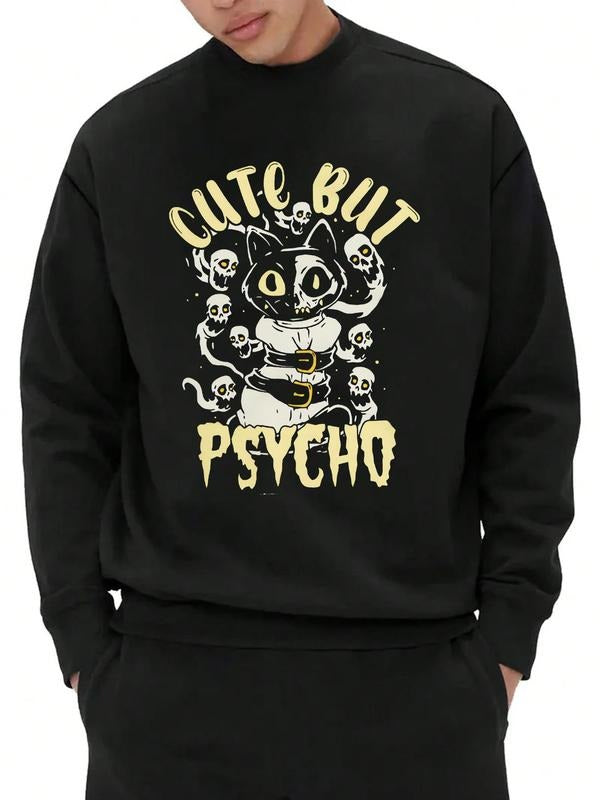 Unisex Men's Cartoon Cat & Letter Print Drop Shoulder Sweatshirt, Regular Fit Casual Soft Comfy Long Sleeve Round Neck...