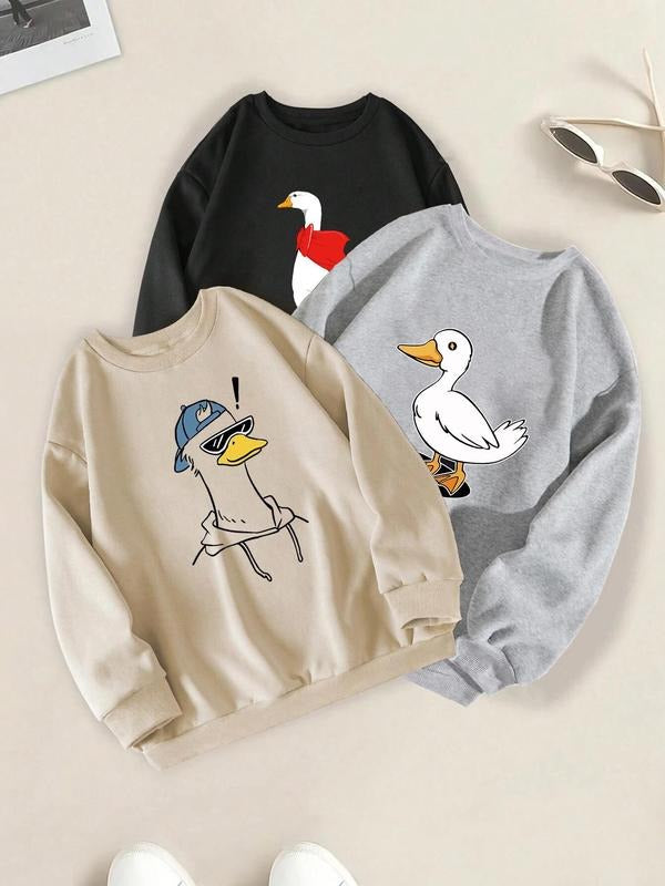 Unisex Men's Cartoon Duck Print Drop Shoulder Sweatshirt, Casual Regular Fit Long Sleeve Round Neck Pullover for Fall &...