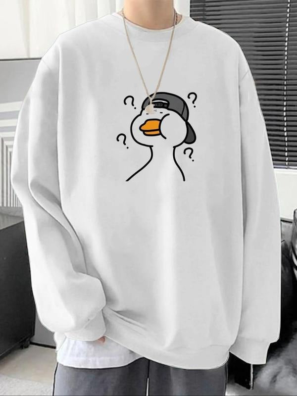 Unisex Men's Cartoon Duck Print Drop Shoulder Sweatshirt, Regular Fit Casual Long Sleeve Round Neck Pullover for Fall &...