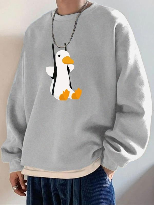 Unisex Men's Cartoon Duck Print Drop Shoulder Sweatshirt, Regular Fit Cute Long Sleeve Round Neck Pullover for Fall &...