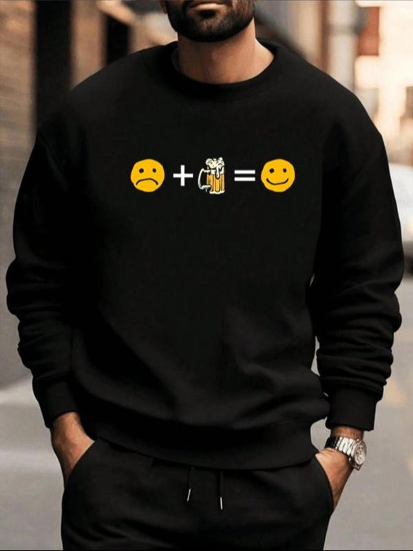Unisex Men's Cartoon Face & Drink Print Drop Shoulder Sweatshirt, Regular Fit Casual Soft Comfy Long Sleeve Round Neck...
