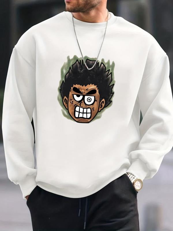 Unisex Men's Cartoon Face Print Drop Shoulder Thermal Lined Sweatshirt, Regular Fit Casual Long Sleeve Round Neck...