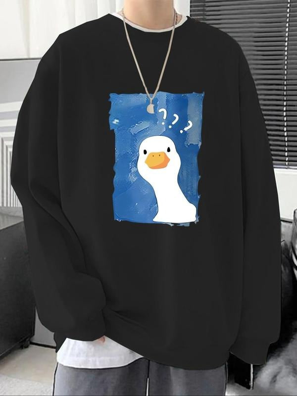 Unisex Men's Cartoon Goose Print Drop Shoulder Sweatshirt, Casual Long Sleeve Round Neck Pullover for Fall & Winter,...