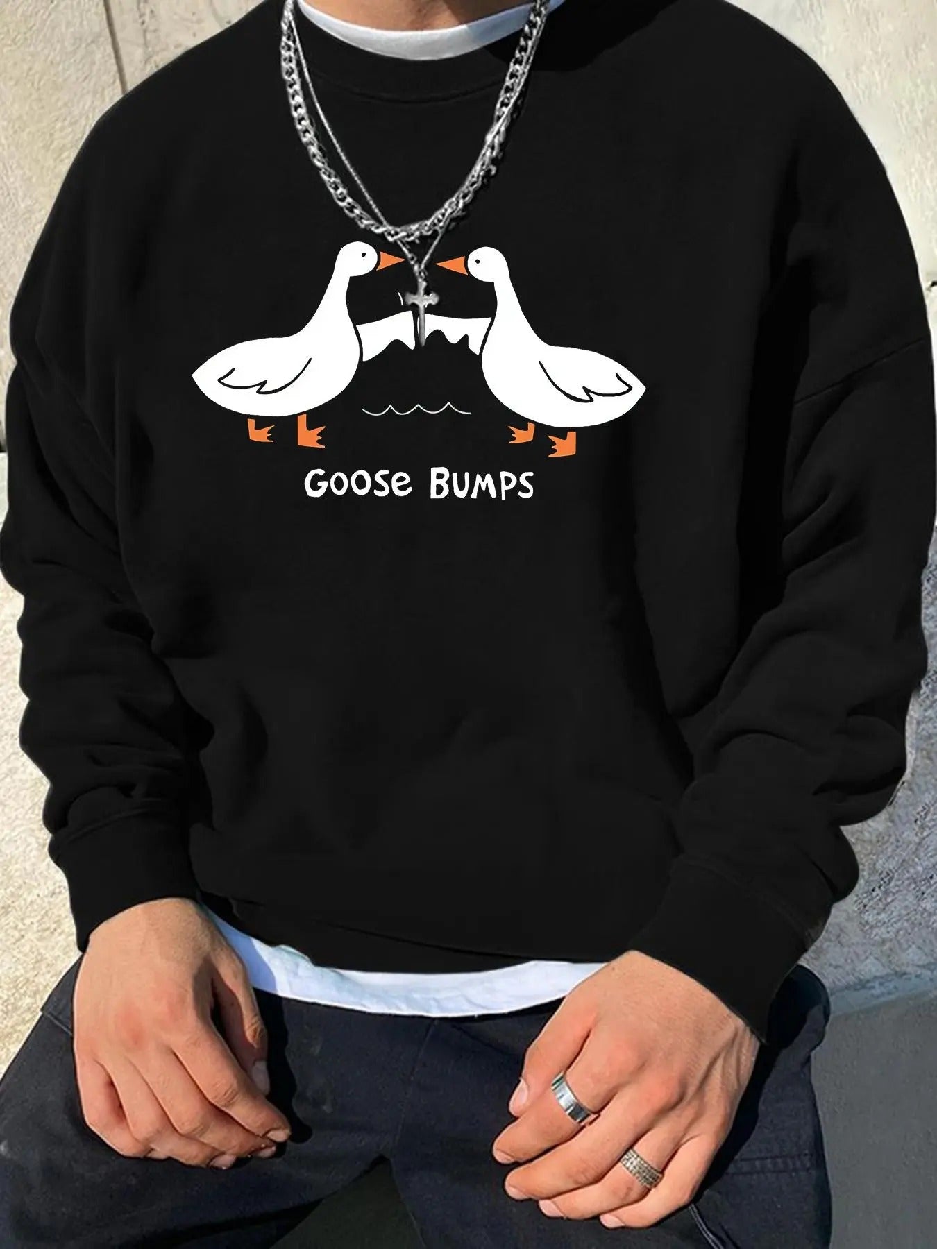 Unisex Men's Cartoon Goose Print Drop Shoulder Sweatshirt, Regular Fit Casual Soft Comfy Long Sleeve Round Neck Pullover...