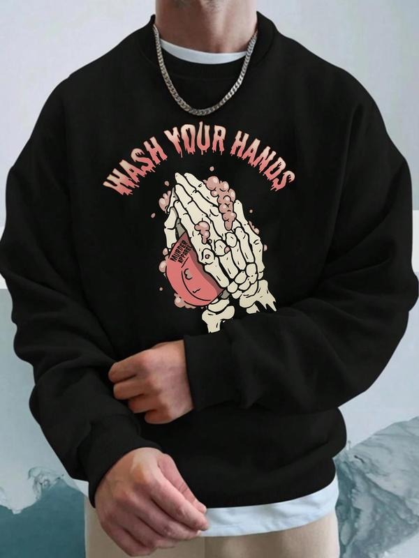Unisex Men's Cartoon Skeleton Hand Print Drop Shoulder Sweatshirt, Regular Fit Casual Soft Comfy Long Sleeve Round Neck...