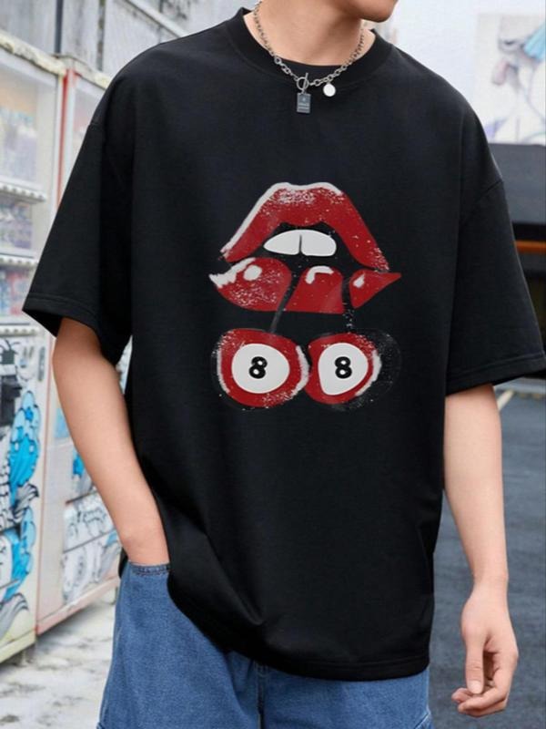 Unisex Men's Cherry Lips & Figure Print Round Neck Tee, Loose Casual Fashion Short Sleeve T-shirt for Summer, Men's Top...
