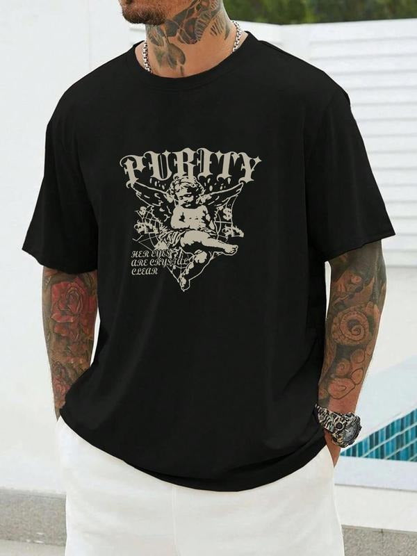 Unisex Men's Cherub & Letter Print Round Neck Graphic Tee, Casual Loose Feather Graphic Short Sleeve T-shirt for Summer,...