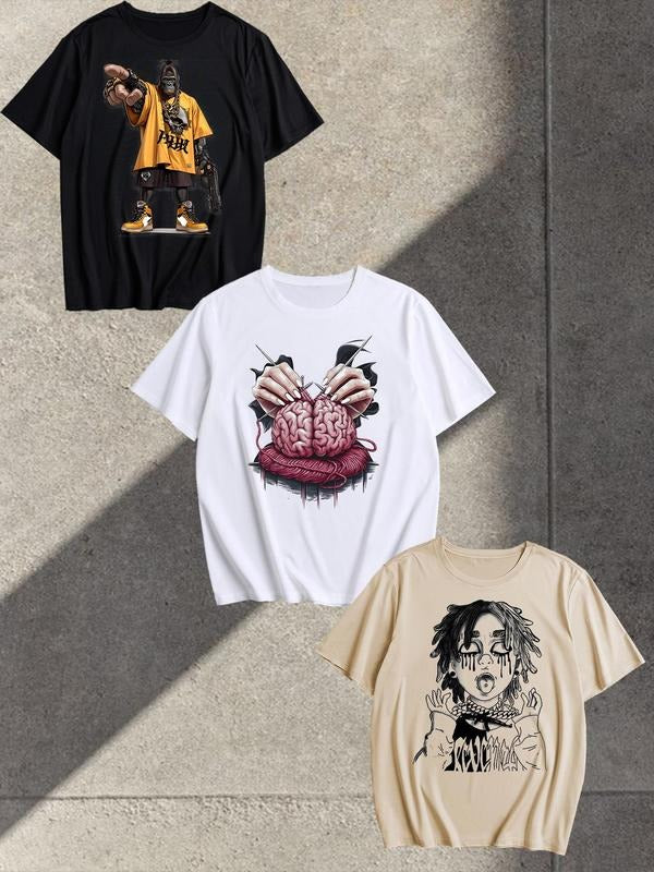 Unisex Men's Creative Pattern & Brain Print Round Neck Graphic Tee, Loose Casual Short Sleeve T-shirt for Summer, Men's...