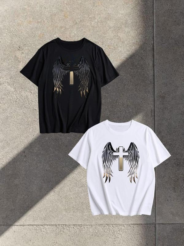 Unisex Men's Cross & Wing Print Short Sleeve Graphic Tee, Street Fashion Casual Loose T-shirt for Daily Wear, Men's...