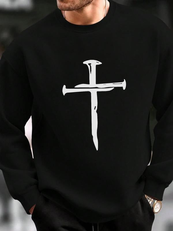 Unisex Men's Cross Print Round Neck Sweatshirt Without Necklace, Essentials Sweatshirt, Regular Fit Casual Long Sleeve...
