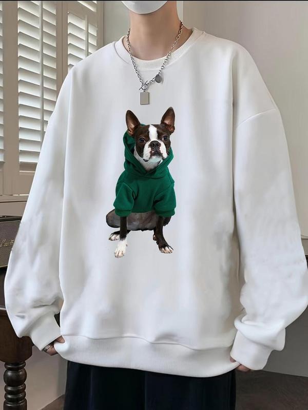Unisex Men's Dog Print Drop Shoulder Sweatshirt, Casual Long Sleeve Round Neck Pullover for Fall & Winter, Men Clothes...