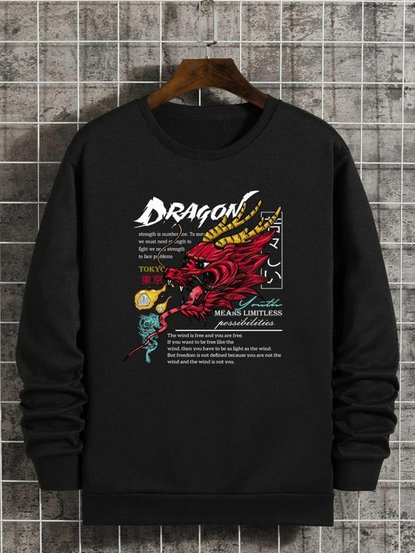 Unisex Men's Dragon & Letter Print Drop Shoulder Sweatshirt without Necklace, Regular Fit Casual Soft Comfy Long-sleeve...