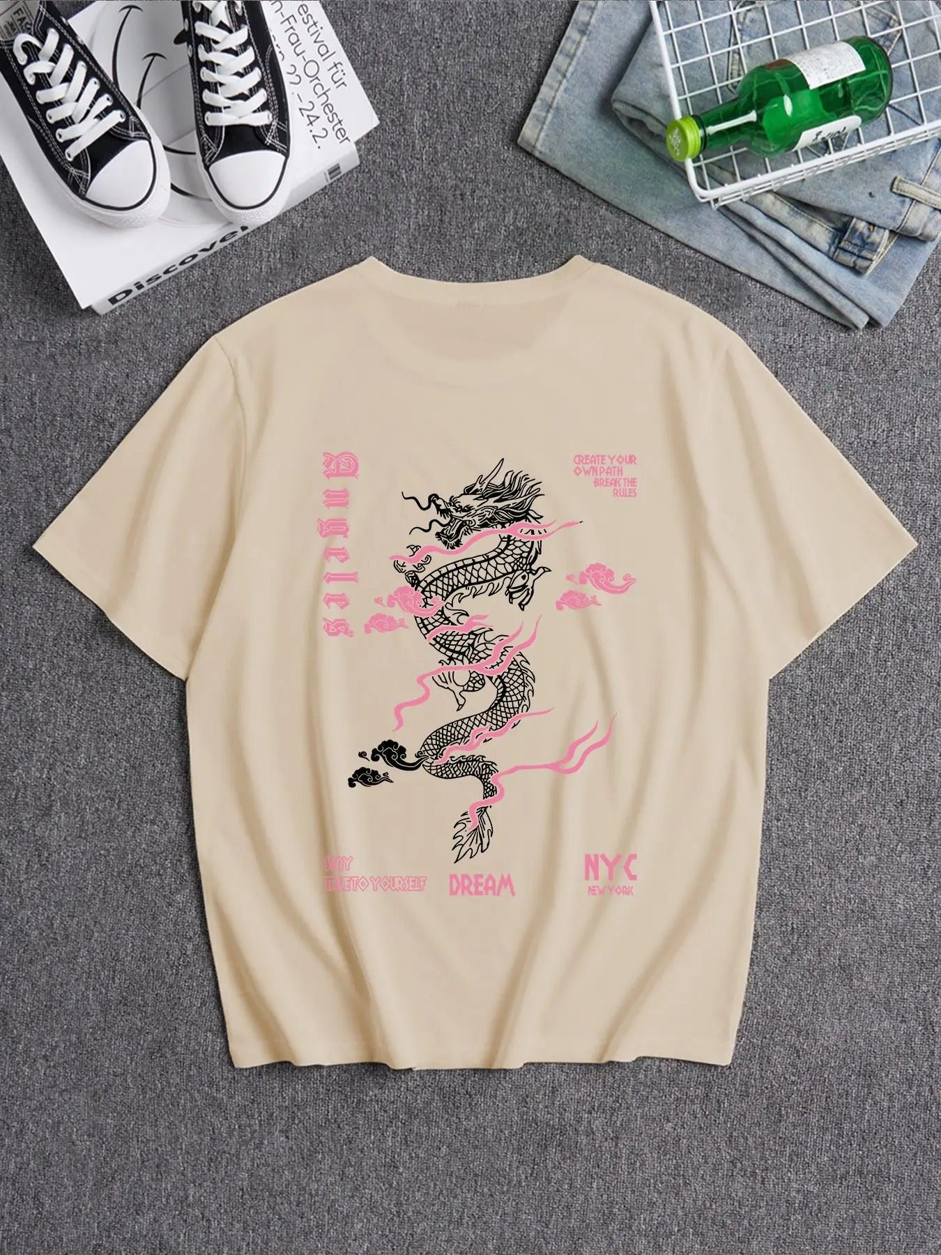 Unisex Men's Dragon Print Round Neck Tee, Regular Fit Casual Fashion Short Sleeve T-shirt for Summer, Men's Top for Daily...