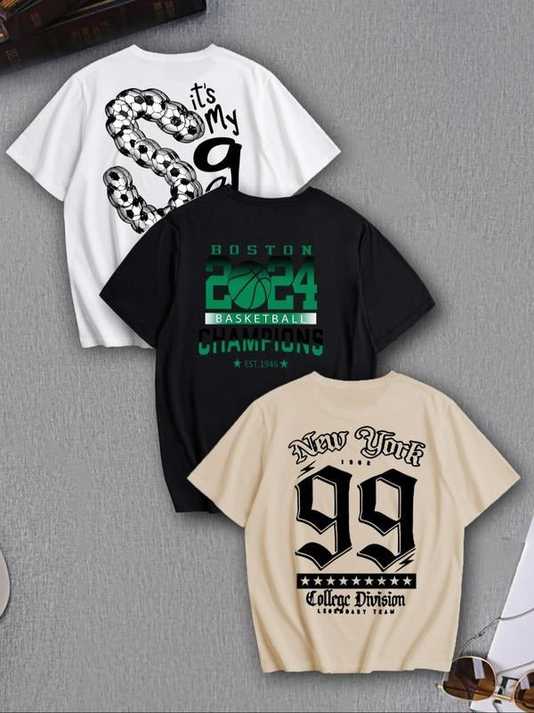 Unisex Men's Figure & Letter Print Short Sleeve Tee, Loose Casual Comfy Soccer Print Round Neck T-shirt for Summer,...