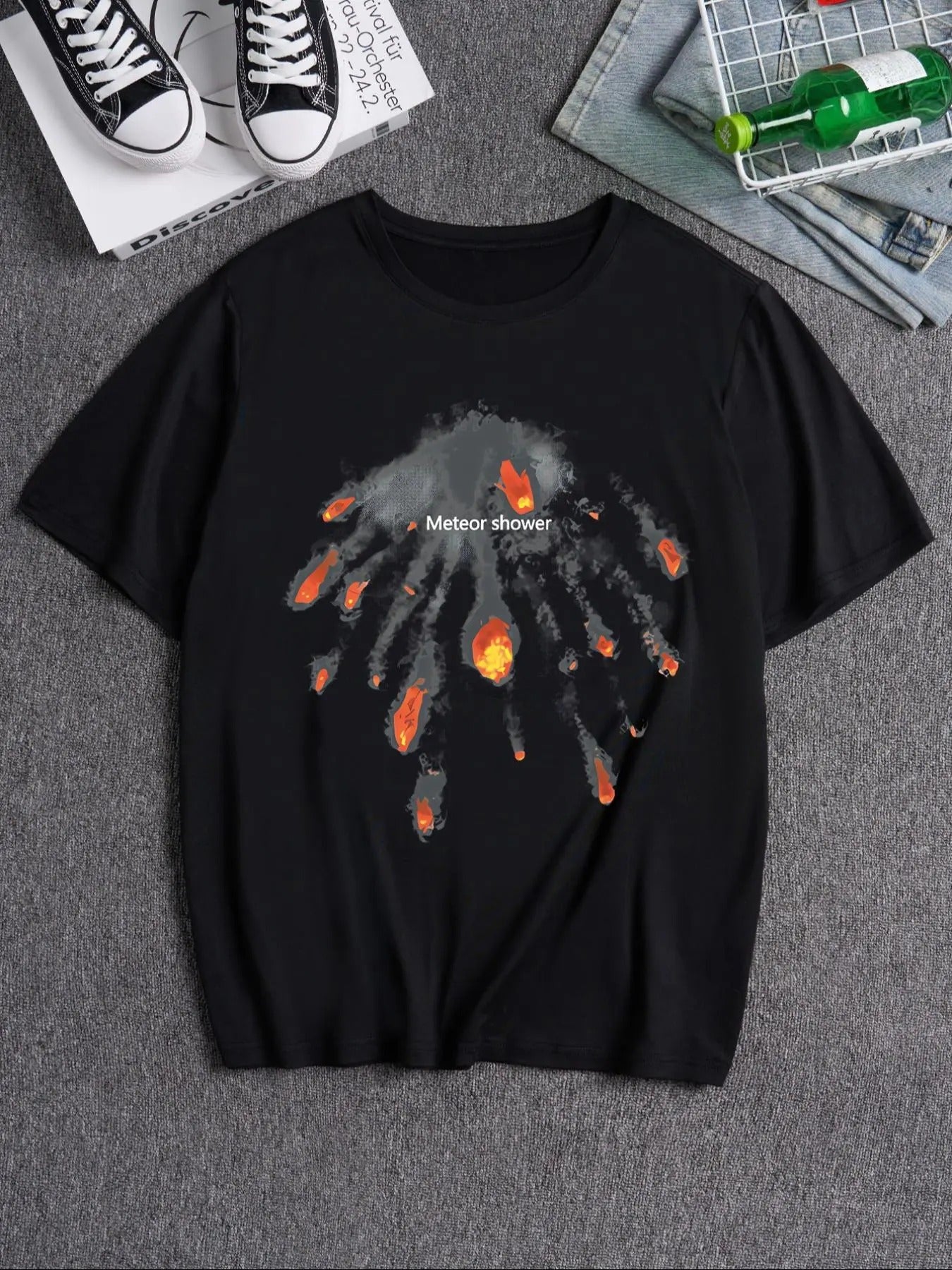 Unisex Men's Fire Print Round Neck Tee, Loose Street Fashion Casual Short Sleeve T-shirt for Daily Wear, Men's Summer...