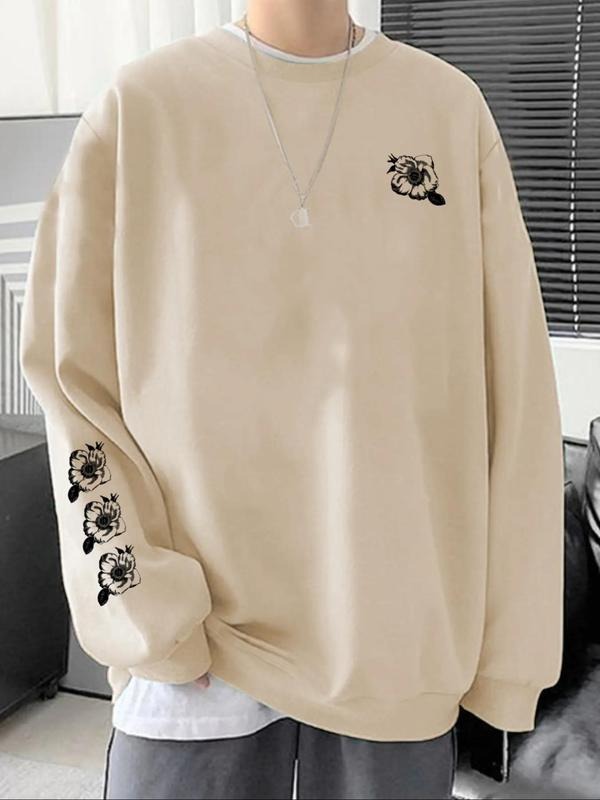 Unisex Men's Floral Print Drop Shoulder Sweatshirt, Regular Fit Casual Long Sleeve Round Neck Pullover for Fall & Winter,...