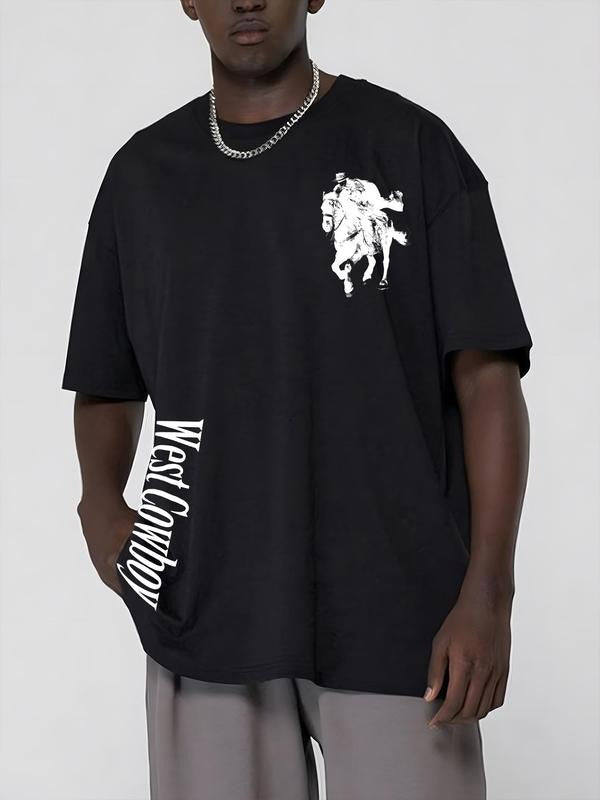 Unisex Men's Horse & Letter Print Round Neck Tee, Loose Casual Fashion Short Sleeve T-shirt for Summer, Men's Top for...