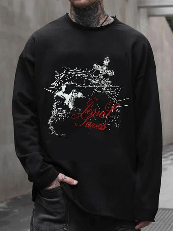 Unisex Men's Jesus & Cross & Letter Print Drop Shoulder Sweatshirt, Regular Fit Casual Soft Comfy Long Sleeve Round Neck...