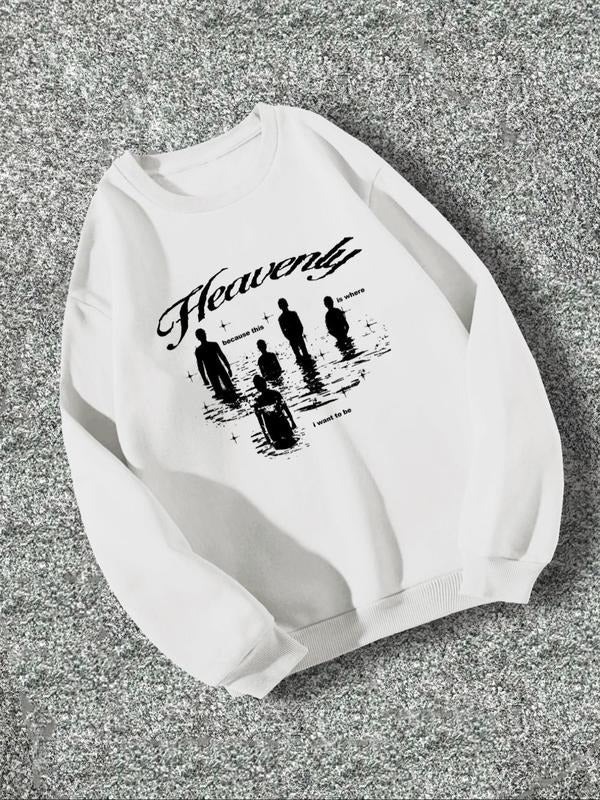 Unisex Men's Letter & Cartoon Figure Print Thermal Lined Sweatshirt, Fashion Casual Drop Shoulder Crew Neck Pullover for...