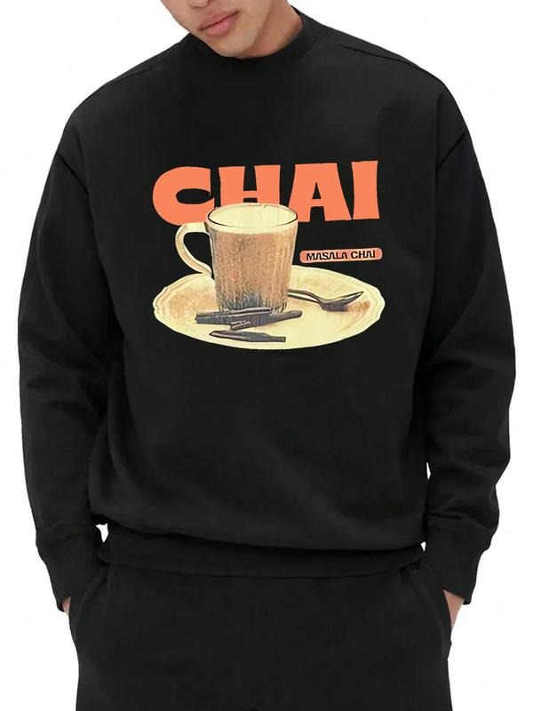 Unisex Men's Letter & Coffee Print Drop Shoulder Sweatshirt, Regular Fit Casual Soft Comfy Long Sleeve Round Neck...