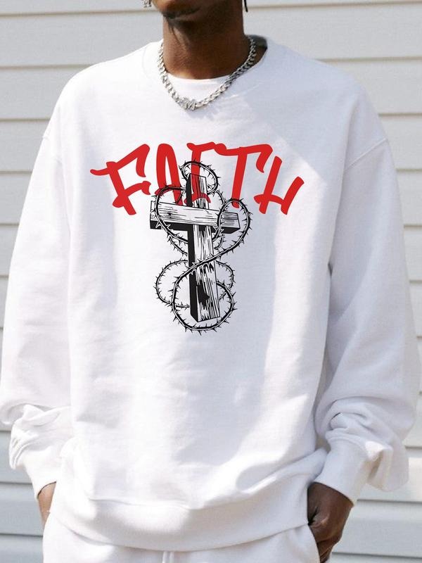 Unisex Men's Letter & Cross Print Drop Shoulder Sweatshirt, Casual Regular Fit Long Sleeve Round Neck Pullover for Fall &...