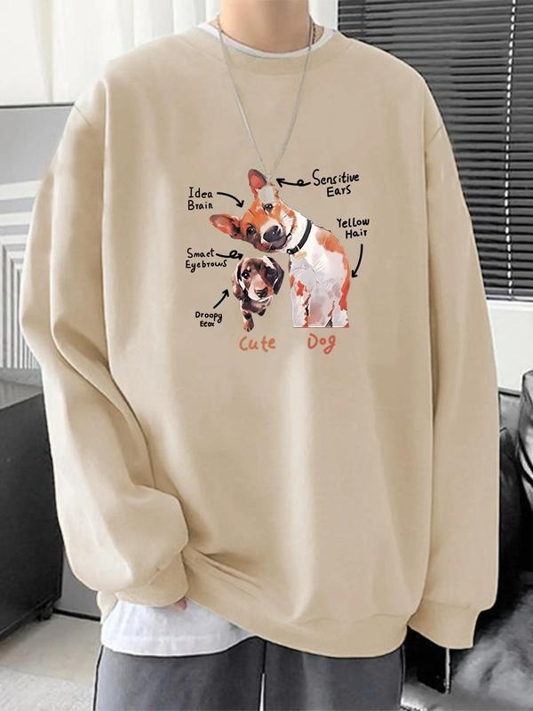 Unisex Men's Letter & Dog Print Drop Shoulder Sweatshirt, Casual Soft Comfy Long Sleeve Round Neck Pullover for Daily...