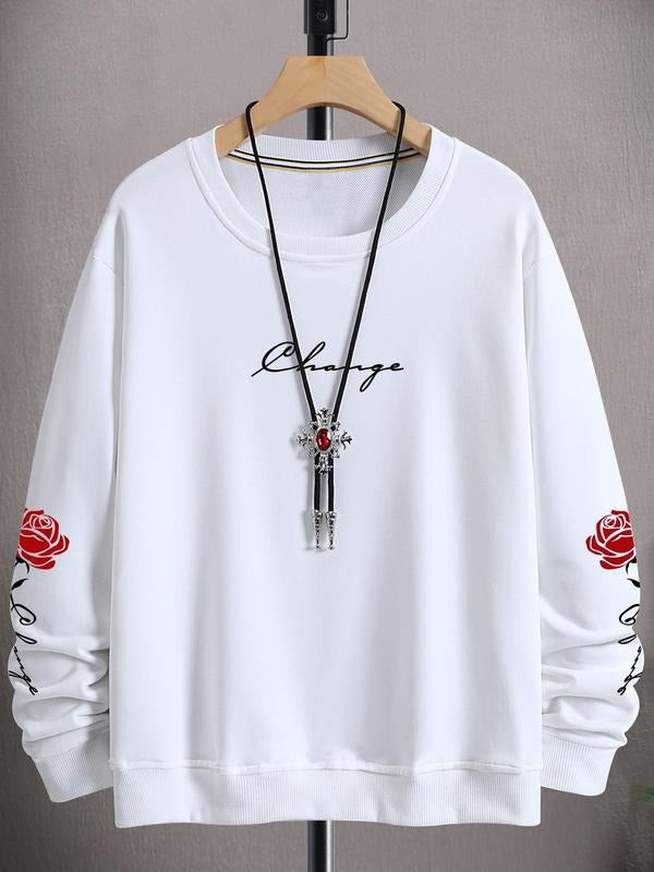 Unisex Men's Letter & Floral Print Long Sleeves Crewneck White Essentials Hoodie Sweatshirt, Casual Regular Fit Round...