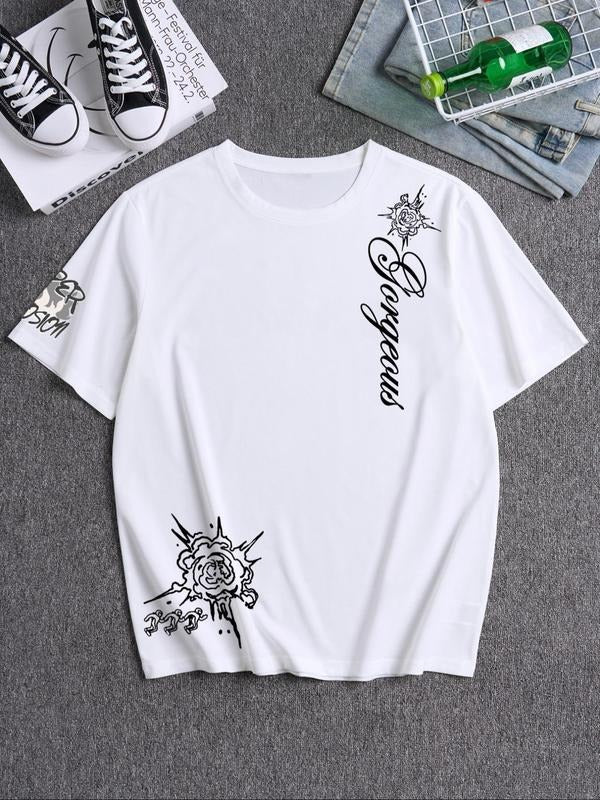 Unisex Men's Letter & Graphic Print Round Neck Tee, Loose Street Fashion Casual Short Sleeve T-shirt for Daily Wear,...