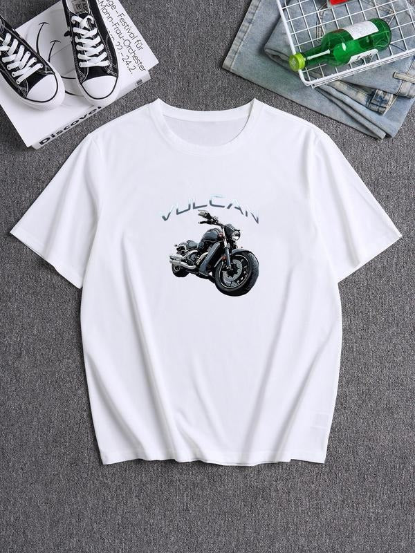 Unisex Men's Letter & Motorcycle Print Round Neck Graphic Tee, Regular Fit Casual Short Sleeve T-Shirt for Summer, Men's...
