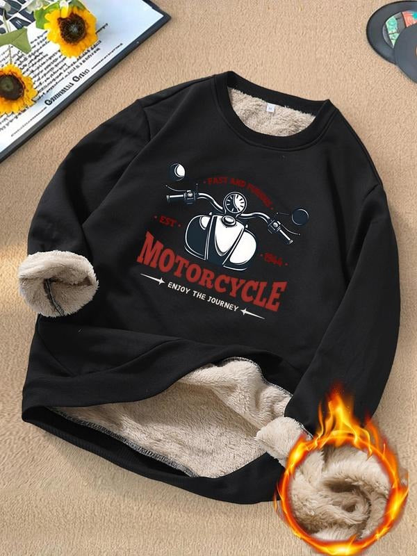 Unisex Men's Letter & Motorcycle Print Thermal Lined Sweatshirt, Casual Regular Fit Long Sleeve Round Neck Pullover for...